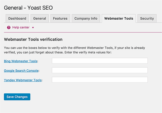 Yoast SEO - Webmaster tools