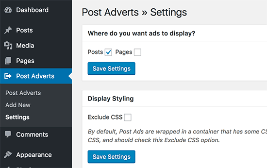 Insert Post Ads settings